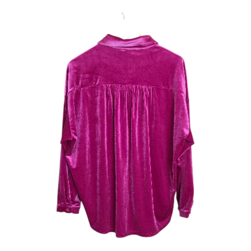 JODIFL Women's Medium Fuchsia Velvet Button Down Shirt Long Sleeve Collared Glam - Picture 2 of 4